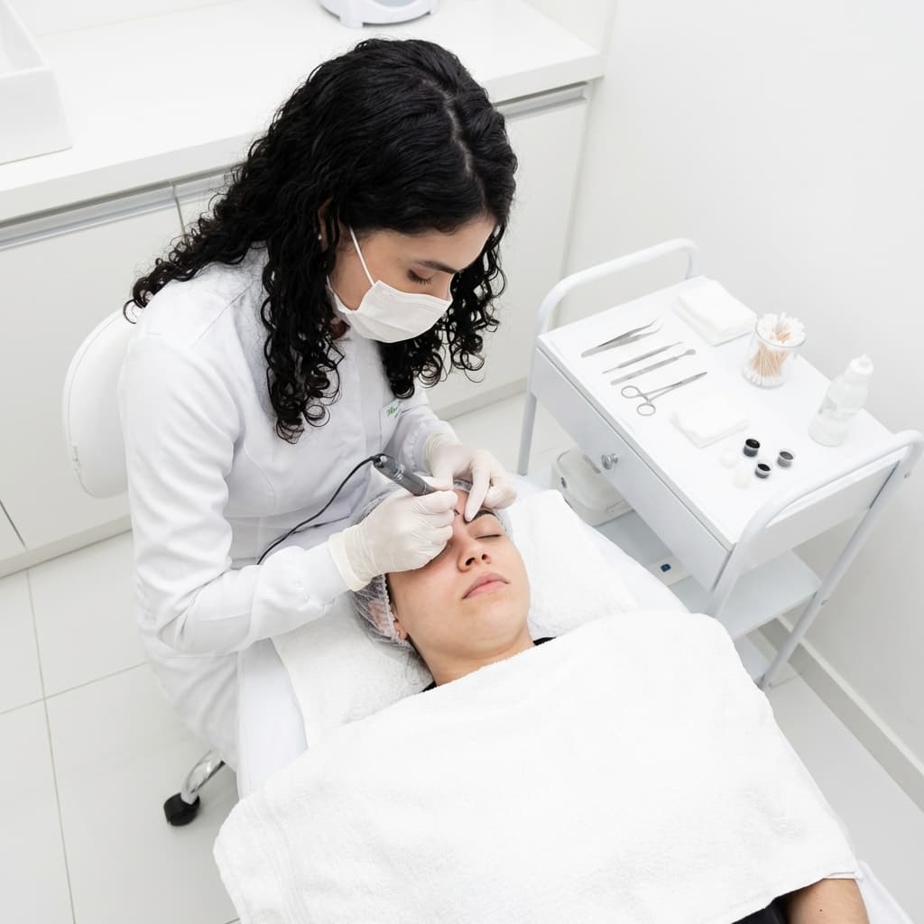 Ingrid Godoi realizando procedimento estético em cliente sorrindo